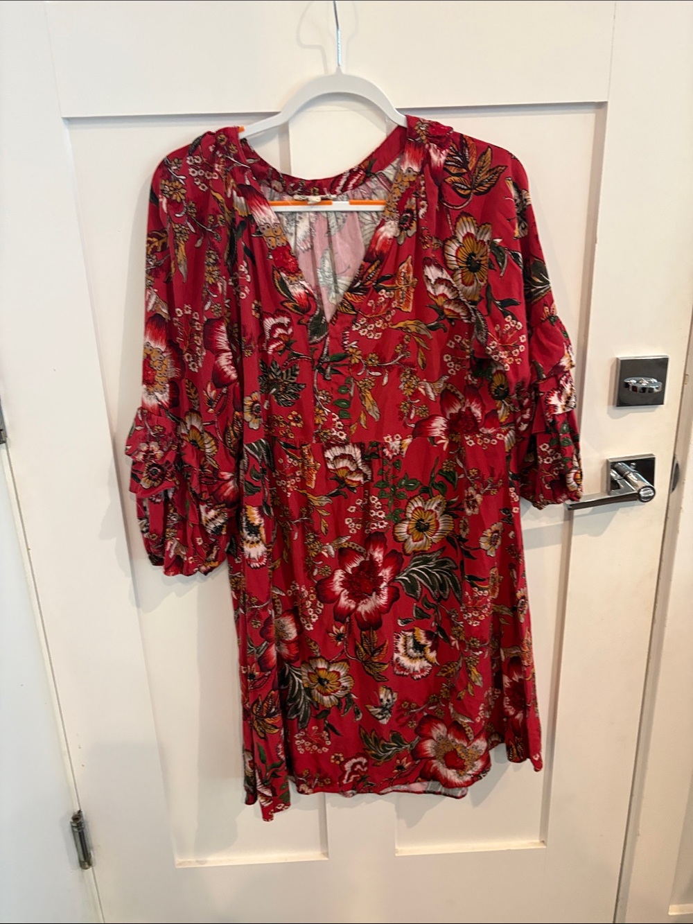 Floral Red V-Neck Mini Dress with Ruffle Sleeves